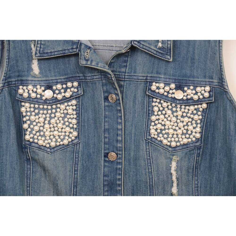 Midnight Velvet PLUS 2X Pearl Embellished Sleeveless Distressed Denim Vest Boho - Picture 2 of 8